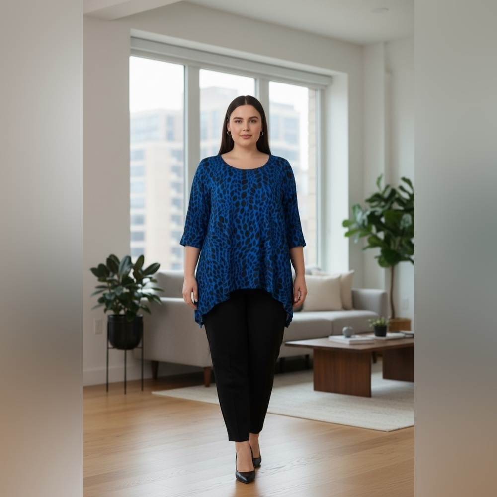 New Woman Design, Plus Size 1X Blue & Black Leaf Pattern Tunic